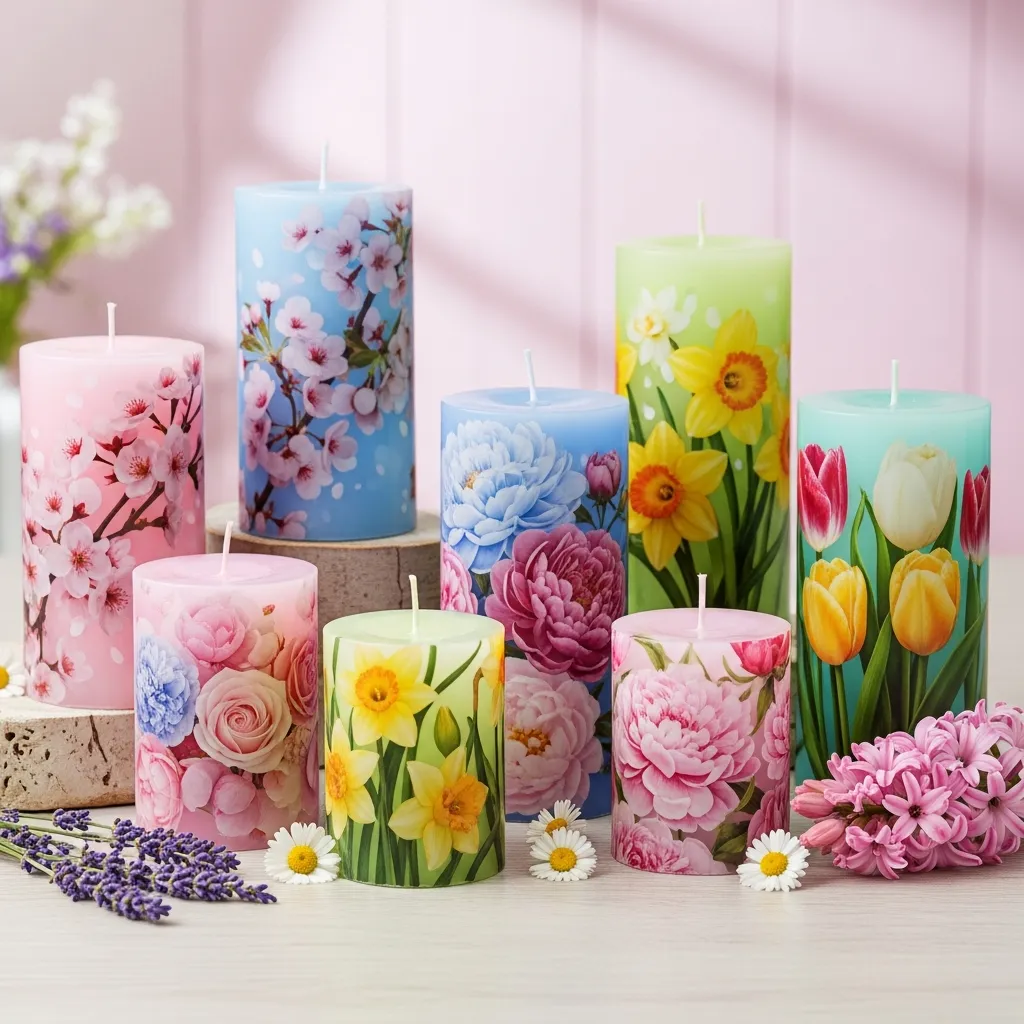 Forårskollektion med stearinlys med blomsterdesign